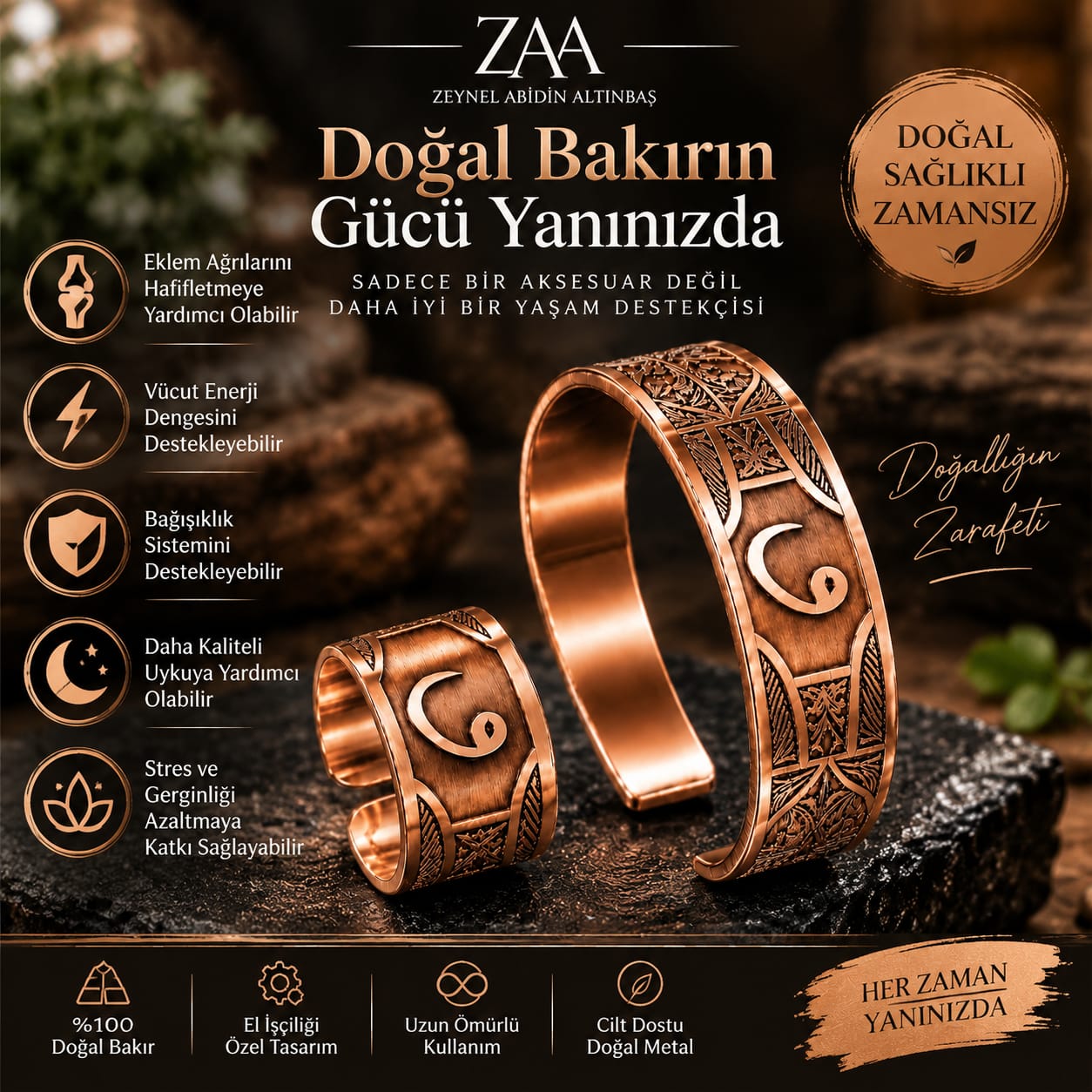 VAV Motifli Bakır Bileklik ve Yüzük Seti
