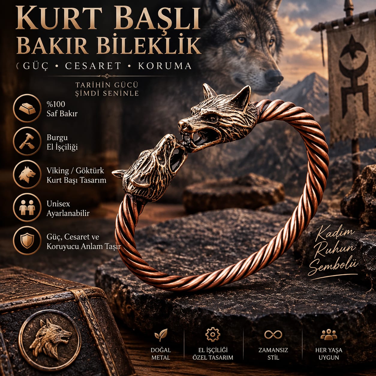 Kurt Başlı Burgulu Bakır Bileklik